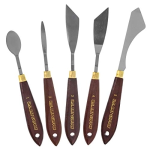 U.S. Art Supply 5-Piece Artist Stainless Steel Palette Knife Set – Wood Hande Flexible Spatula Painting Knives for Color Mixing Spreading, Applying Oil, Acrylic, Epoxy, Pouring Paint on Canvases, Cake