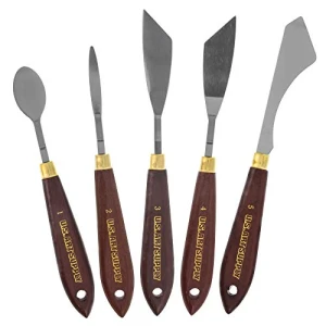 U.S. Art Supply 5-Piece Artist Stainless Steel Palette Knife Set – Wood Hande Flexible Spatula Painting Knives for Color Mixing Spreading, Applying Oil, Acrylic, Epoxy, Pouring Paint on Canvases, Cake