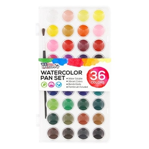 U.S. Art Supply 36 Color Watercolor Artist Paint Set with Plastic Palette Lid Case and Paintbrush – Watersoluable Cakes