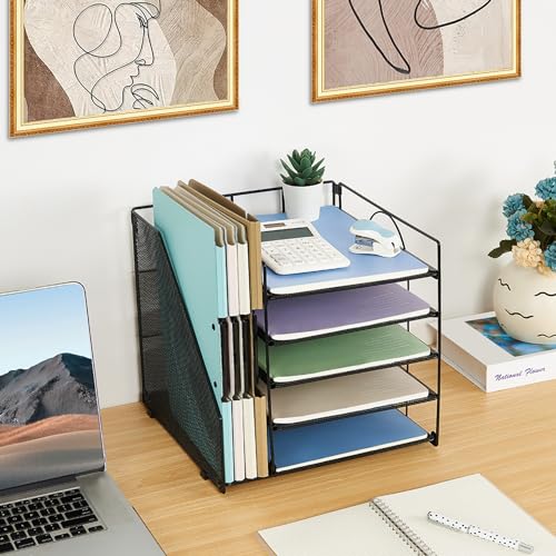 LEKETREE Desk Organizers and Accessories, 5-Tier Paper Letter Tray Organizer with File Holder, Desktop Organizer for Office Supplies, Office Desk Accessories & Workspace(Black) - Image 6