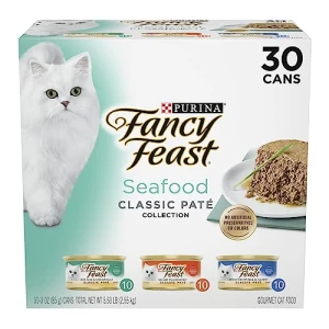 Purina Fancy Feast Seafood Classic Pate Collection Grain Free Wet Cat Food Variety Pack – (Pack of 30) 3 oz. Cans