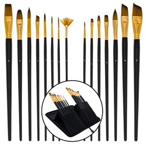 U.S. Art Supply 15 Piece Artist Long Handle Synthetic Paint Brush Set – Multi Functional Watercolor Gouache Oil Acrylic Brush Set in Zippered Nylon Pop-Up Travel Storage Case