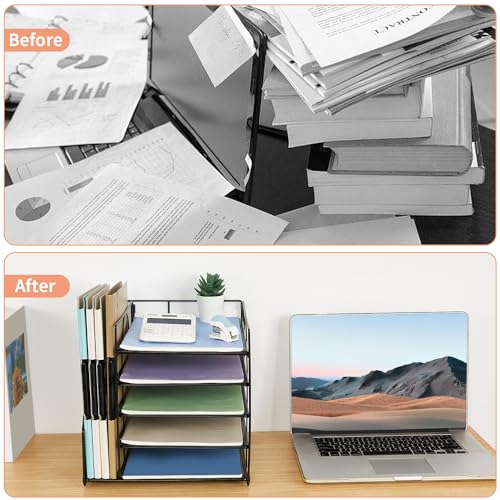 LEKETREE Desk Organizers and Accessories, 5-Tier Paper Letter Tray Organizer with File Holder, Desktop Organizer for Office Supplies, Office Desk Accessories & Workspace(Black) - Image 7