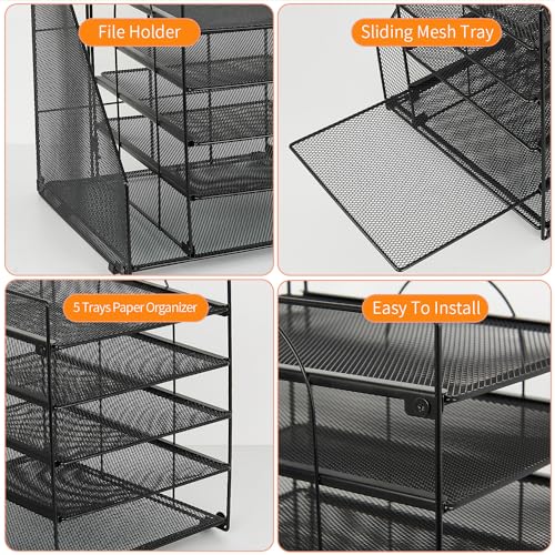 LEKETREE Desk Organizers and Accessories, 5-Tier Paper Letter Tray Organizer with File Holder, Desktop Organizer for Office Supplies, Office Desk Accessories & Workspace(Black) - Image 3