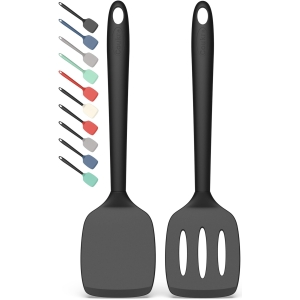 Coukre 2 Pack Silicone Spatula Set, High Heat Resistant, BPA Free Kitchen Spatula, Solid & Slotted Turner for Non-Stick Pans, Sautéing, and Flipping (2, PureBlack)