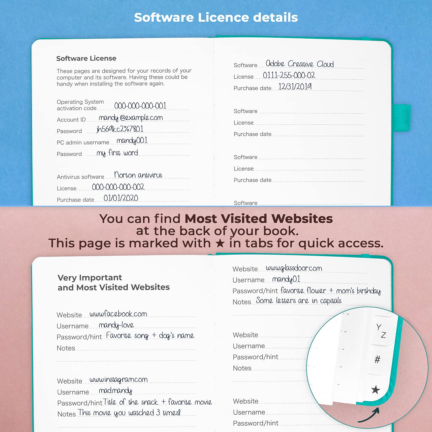 Clever Fox Password Book with alphabetical tabs. Internet Address Organizer Logbook. Medium Password Keeper for Website Logins (Aquamarine) - Image 3