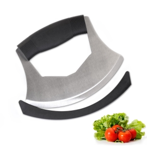 XoYoZo Salad Chopper Mezzaluna Knife with Protective Cover and Anti-Slip Handle – Stainless Steel Vegetable Cutter, Onion Chopper, Pizza Cutter