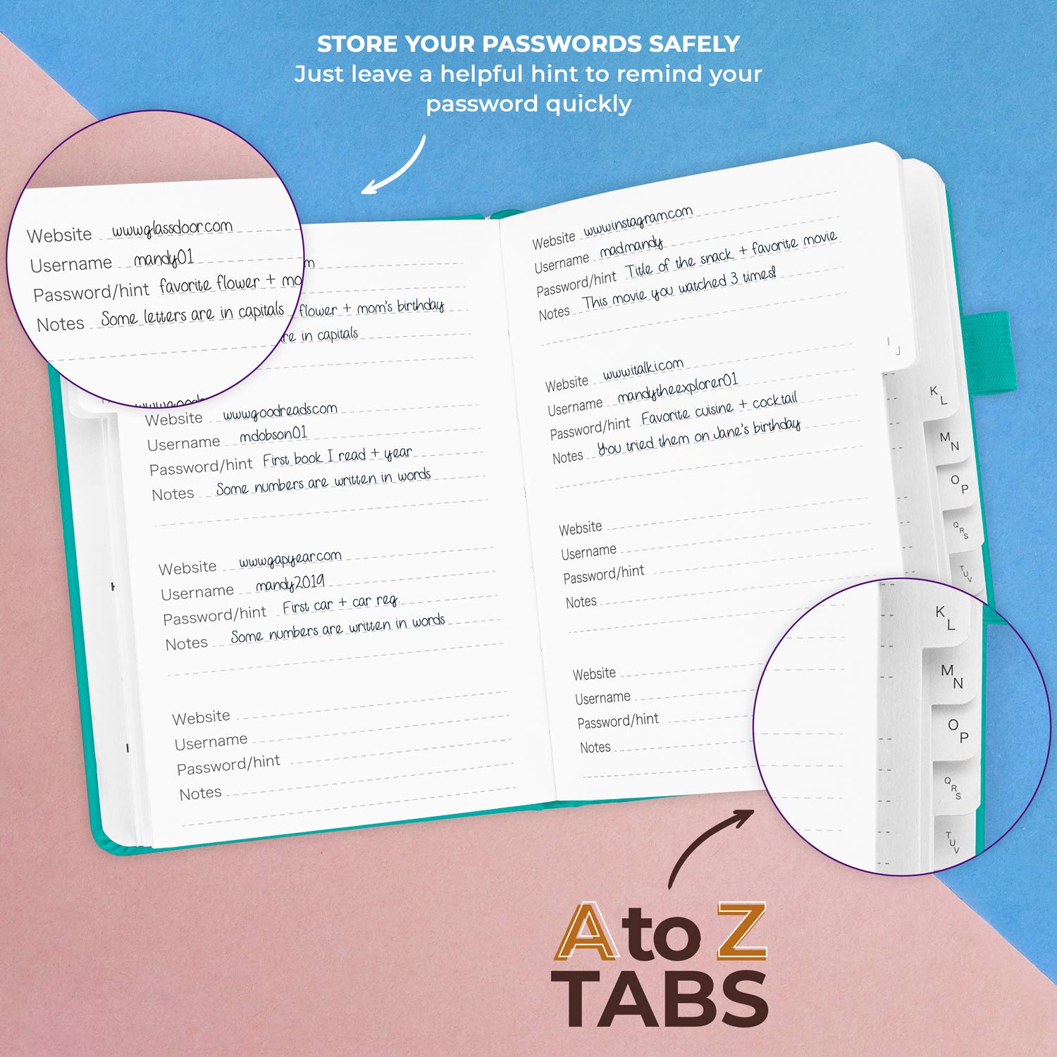 Clever Fox Password Book with alphabetical tabs. Internet Address Organizer Logbook. Medium Password Keeper for Website Logins (Aquamarine) - Image 5
