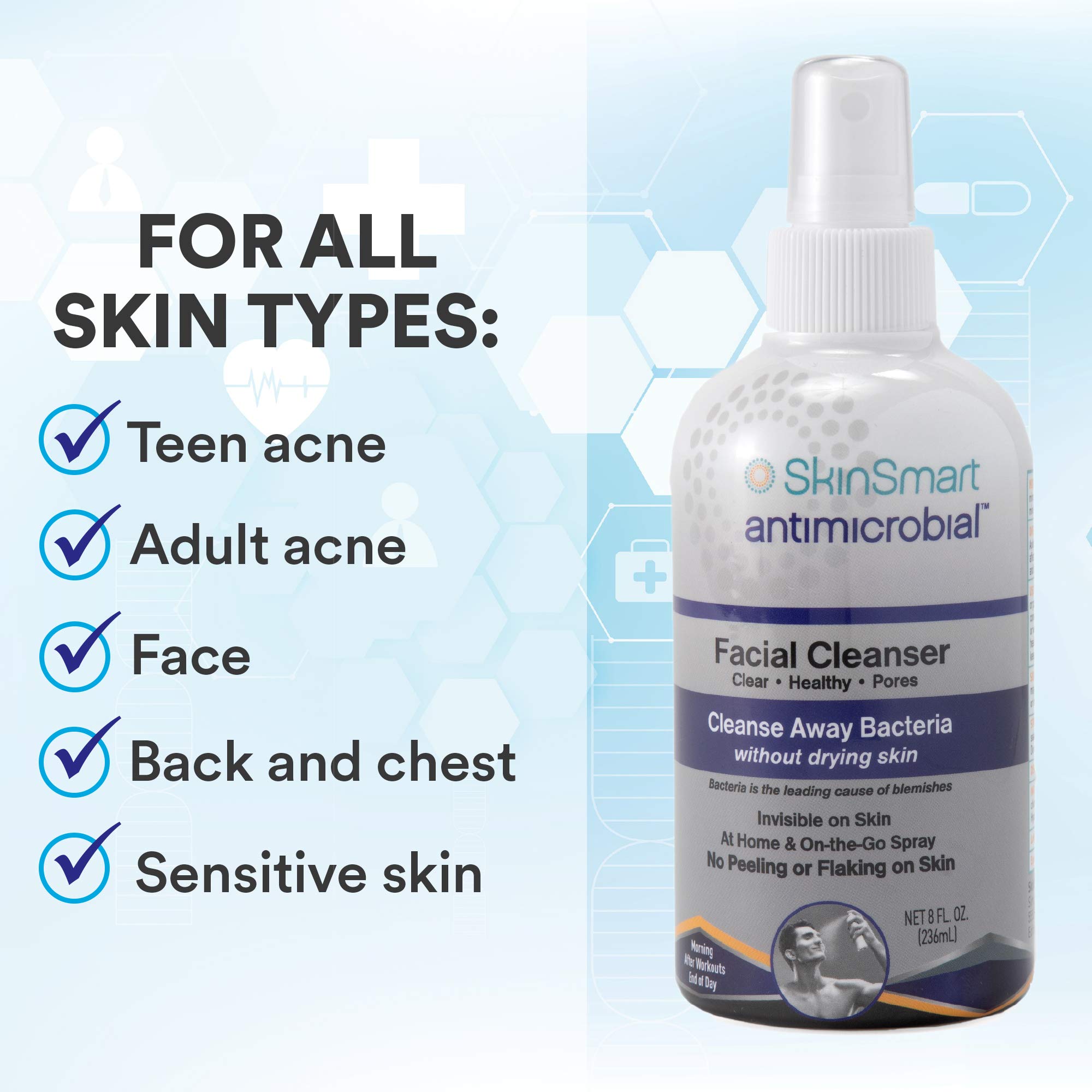 SkinSmart Facial Cleanser for Acne, Targets Bacteria for Active Teenage Athletes Post Workout and Adult Acne, 8 oz Spray Bottle, Safe for Multiple Daily Uses - Image 8