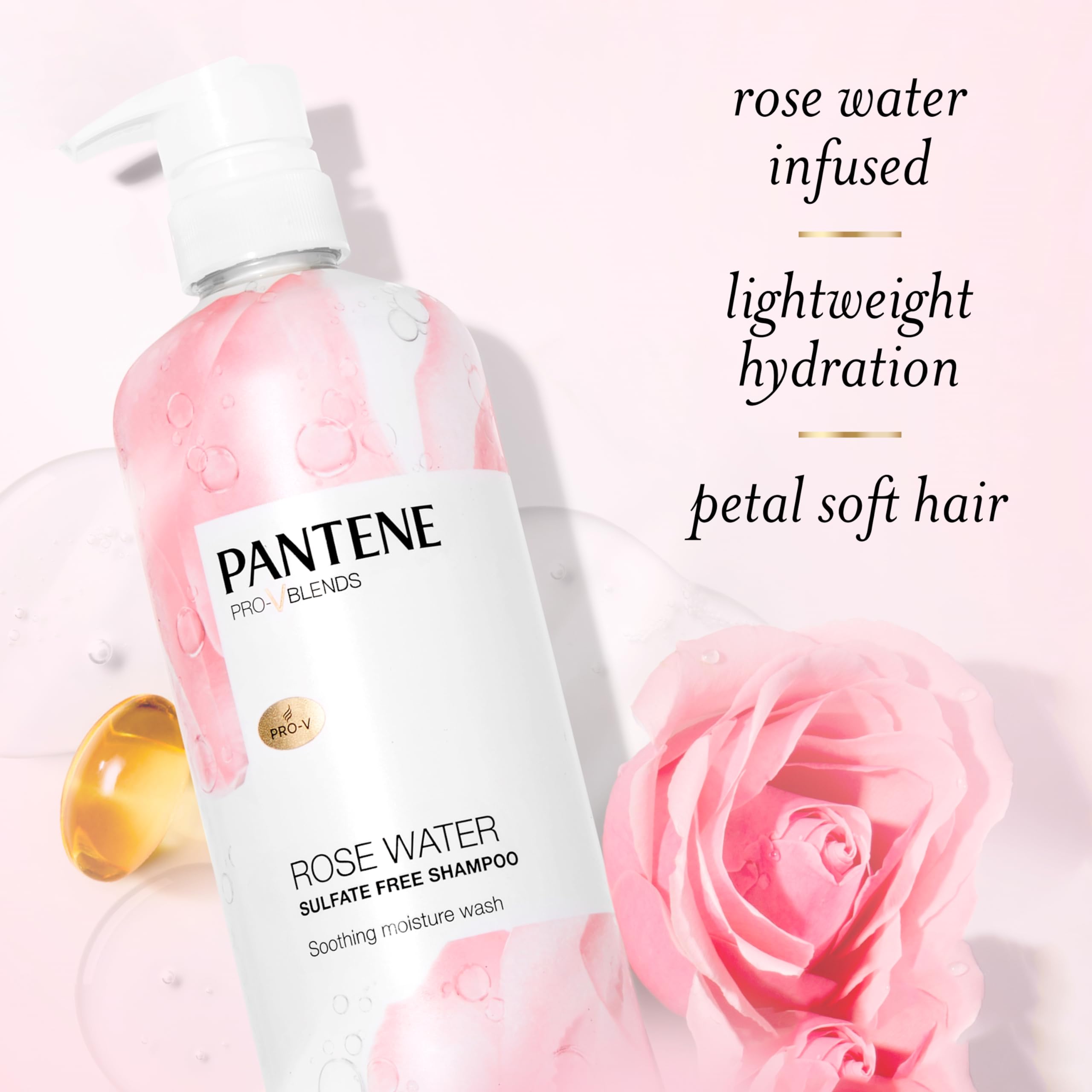 Pantene Sulfate Free Rose Water Shampoo, Soothes, Replenishes Hydration, Safe for Color Treated Hair, Nutrient Infused with Vitamin B5 and Antioxidants, Pro-V Blends, 30.0 oz - Image 6