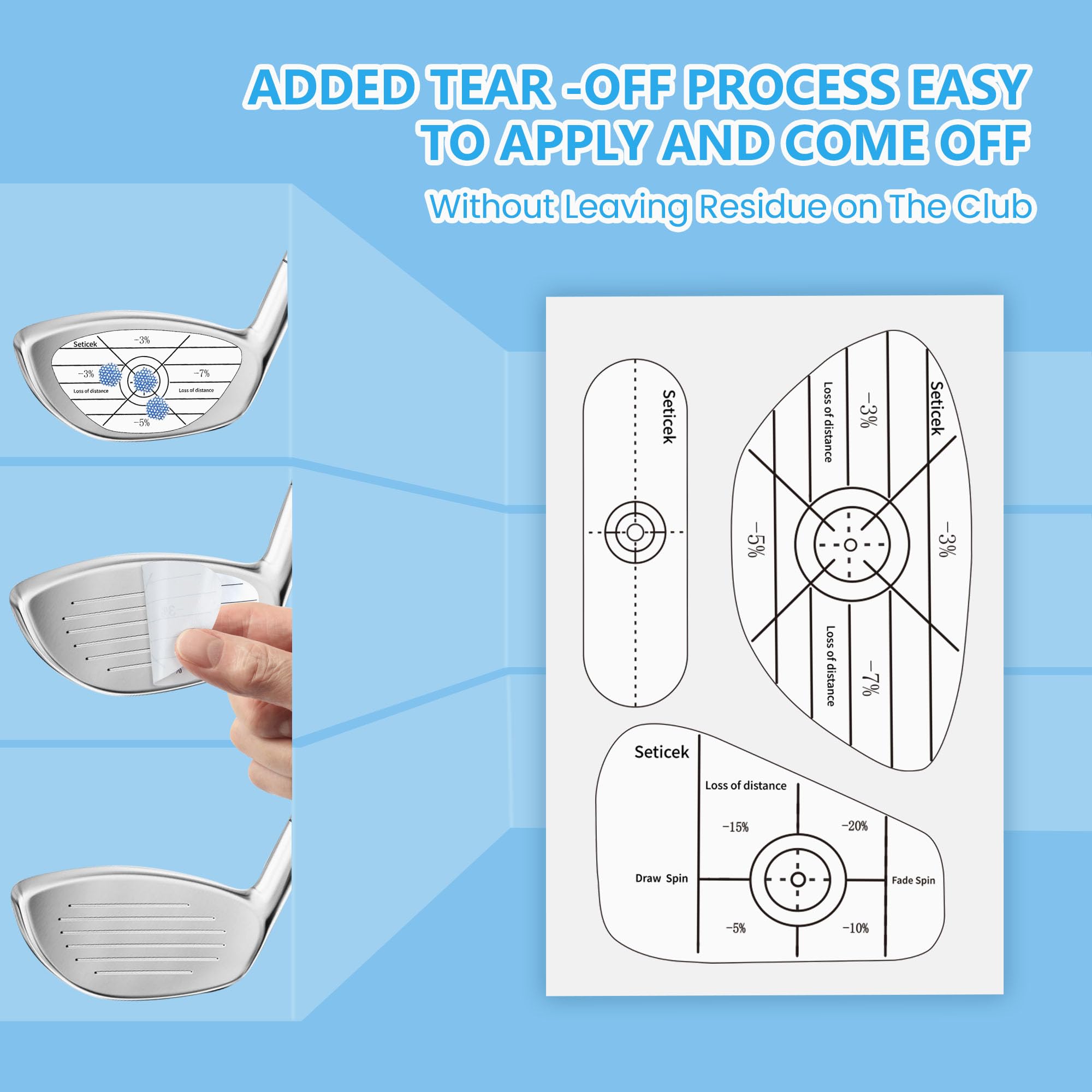 Seticek Golf Impact Tape Set 300Pcs, Self-Teaching Sweet Spot and Consistency Analysis, Golf Club Impact Stickers for Woods Irons and Putters Each 100 Pcs,Useful Training Aid Improve Ball Striking - Image 7