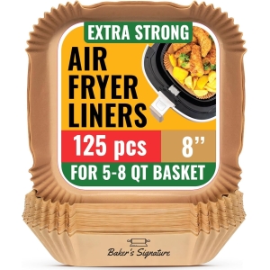 Air Fryer Paper Liners, 125Pcs Air Fryer Disposable Liners, Non-Stick and Oil Proof for Easy Cleanup, 8” Square for 5-8 qt Basket by Baker’s Signature