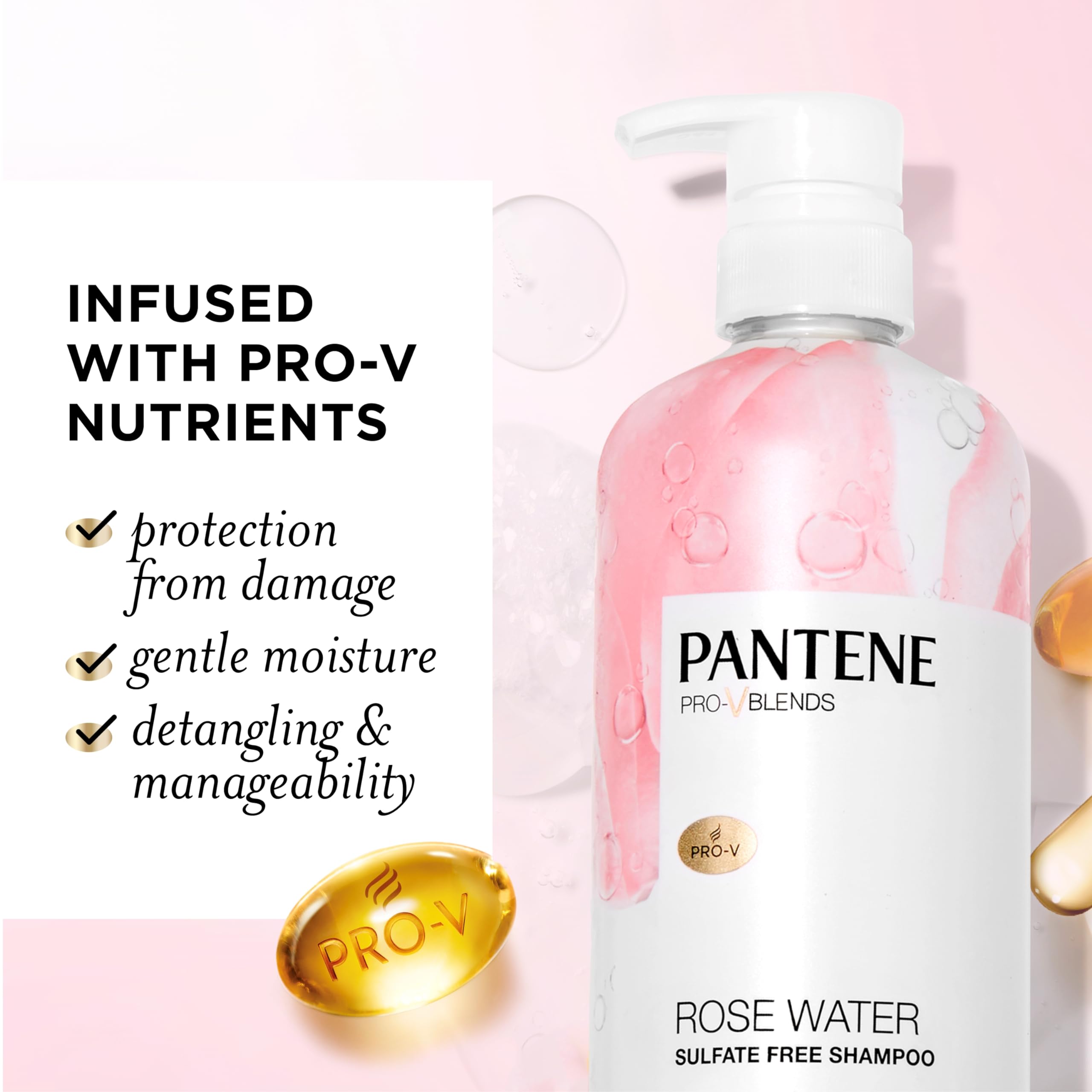 Pantene Sulfate Free Rose Water Shampoo, Soothes, Replenishes Hydration, Safe for Color Treated Hair, Nutrient Infused with Vitamin B5 and Antioxidants, Pro-V Blends, 30.0 oz - Image 9