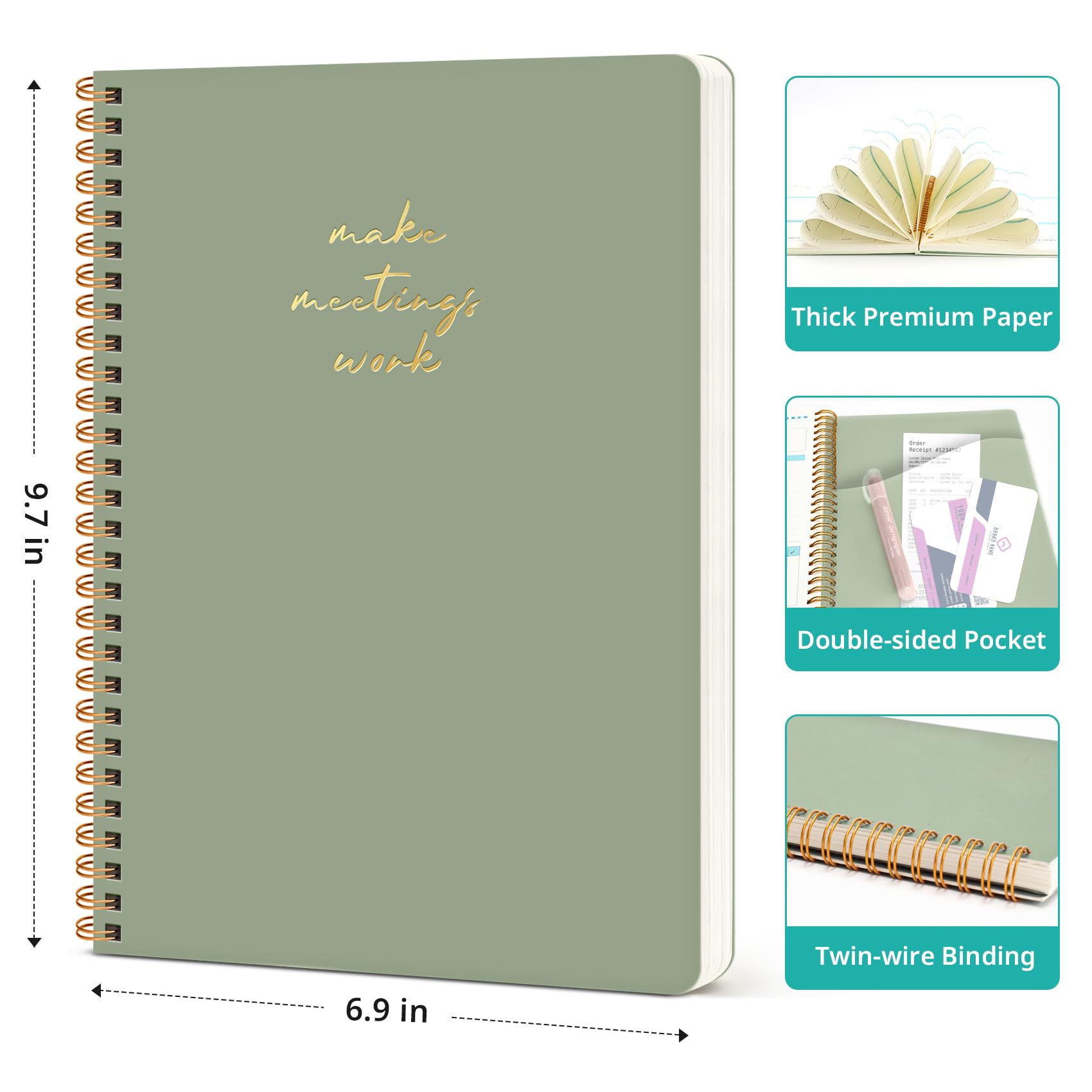 Taja Meeting Notebook for Work Organization - Work notebook with action items, Meeting Minutes Planner Notebook, Perfect Office Supplies for Men & Women - Green - Image 3