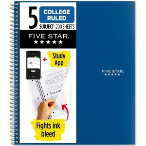 Five Star Spiral Notebook + Study App, 5 Subject, College Ruled Paper, Fights Ink Bleed, Water Resistant Cover, 8-1/2″ x 11″, 200 Sheets, Blue (73635)