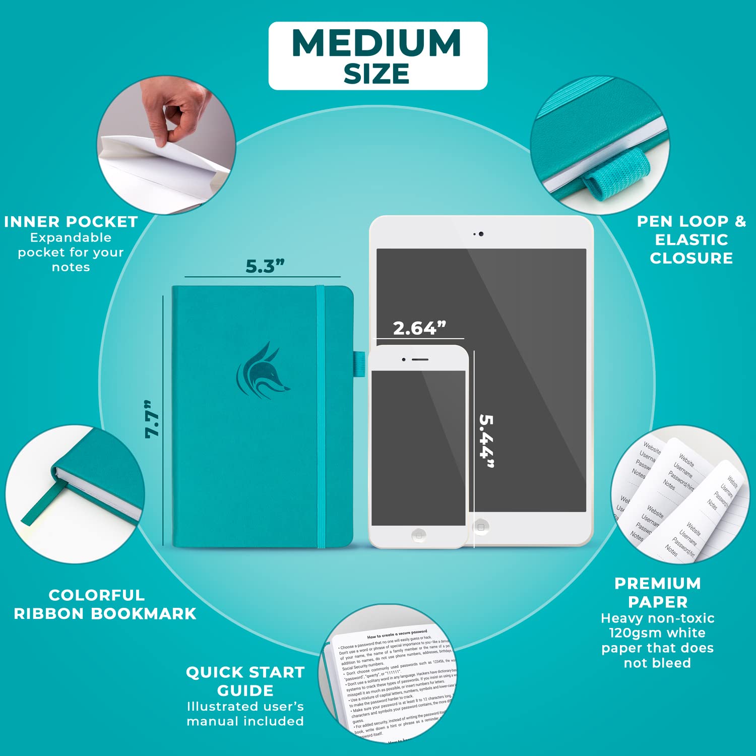 Clever Fox Password Book with alphabetical tabs. Internet Address Organizer Logbook. Medium Password Keeper for Website Logins (Aquamarine) - Image 6