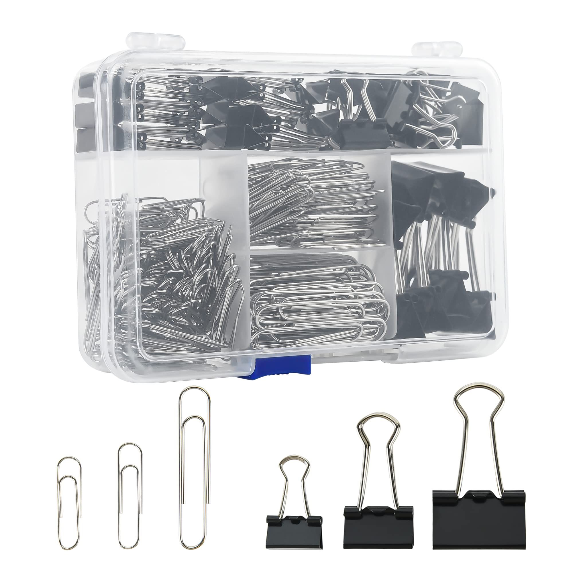Binder Clips Paper Clips Assorted Sizes, 340pcs Black Binder Clips Jumbo Paperclips Set, Large Paper Clips for Office, School Supplies, Binder & Paper Clips in Container with Compartments