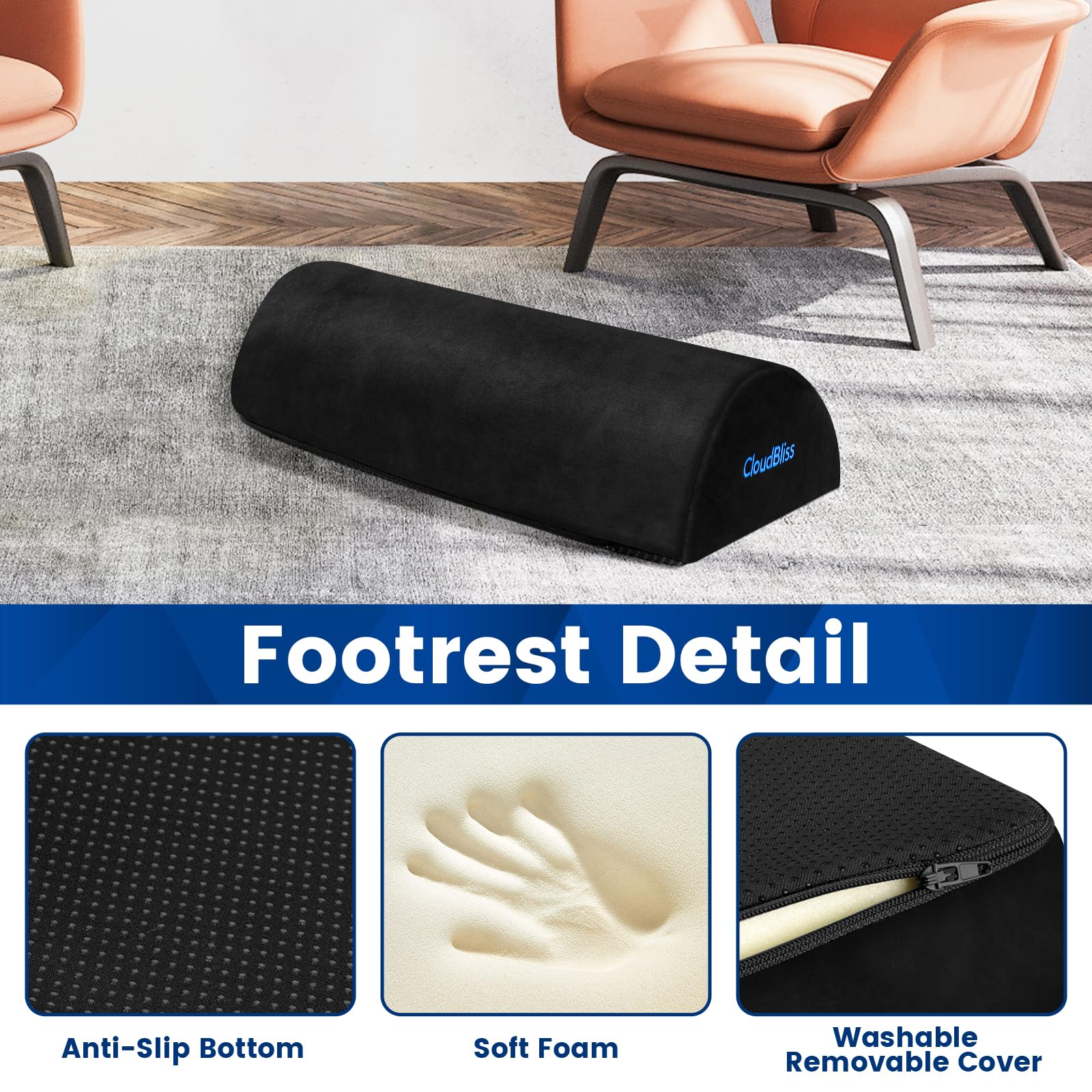 Foot Rest for Under Desk at Work,Office Desk Accessories with Soft Foam and Washable Removable Cover, Foot Stool for Office, Car, Home to Foot Support and Relax Ankles, Black - Image 6