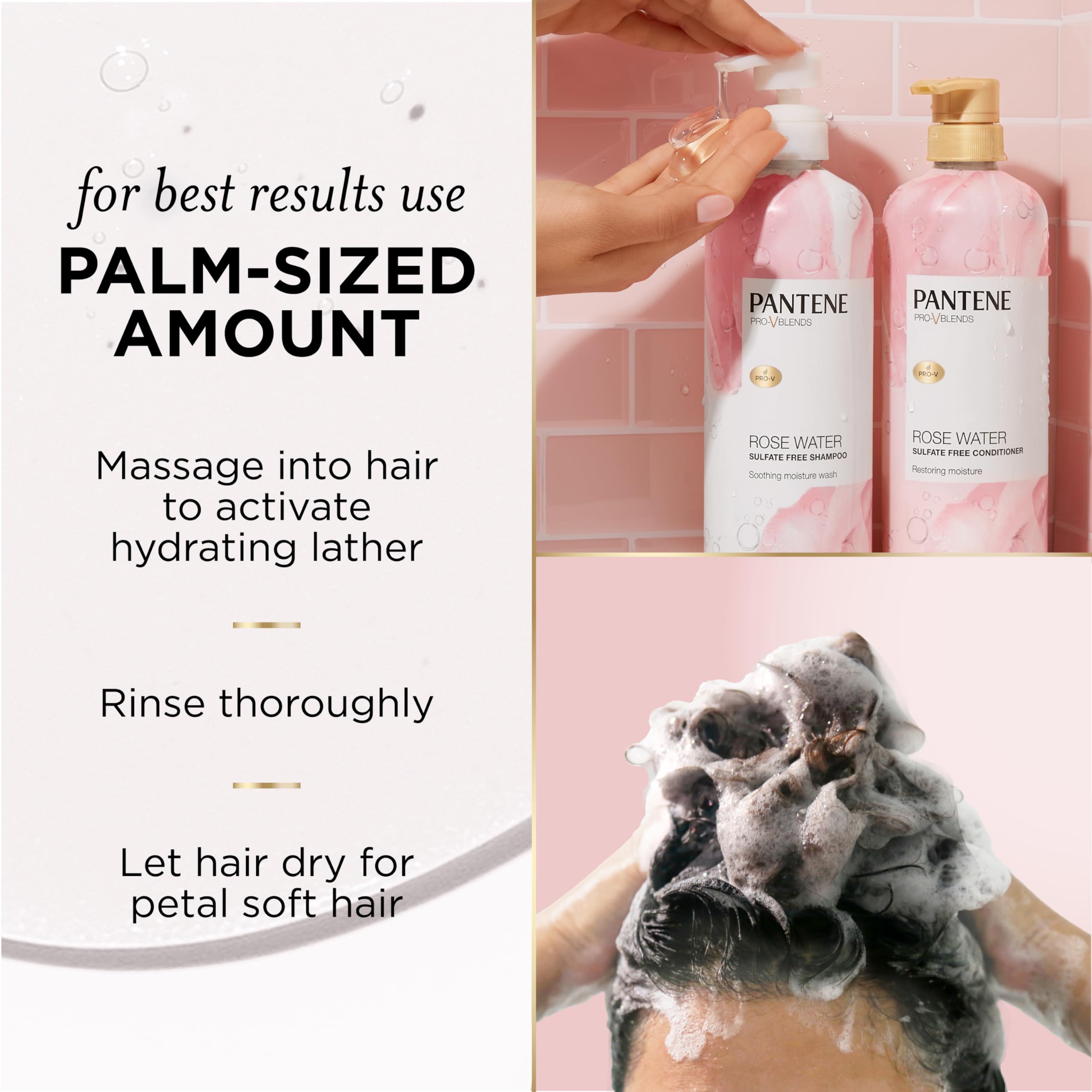Pantene Sulfate Free Rose Water Shampoo, Soothes, Replenishes Hydration, Safe for Color Treated Hair, Nutrient Infused with Vitamin B5 and Antioxidants, Pro-V Blends, 30.0 oz - Image 3