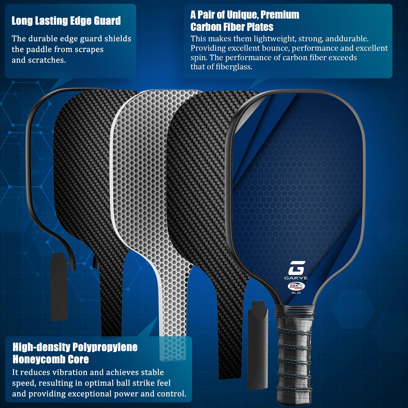 GARYE Pickleball Paddles Set of 2, USAPA Approved Carbon Fiber Pickleball Set, Lightweight Graphite Rackets 2 Pack with 6 Balls, 1 Pickleball Bag for Men and Women - Image 7