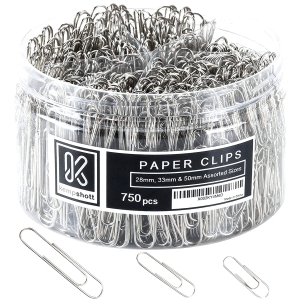 Kempshott 750 Paper Clips Assorted Sizes Small, Medium and Large Paperclips for Paperwork Ideal for Home, School and Office Use (Assorted, Silver)